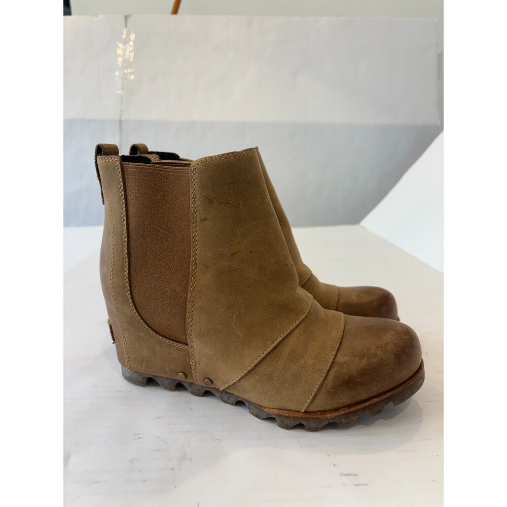 Sorel Lea Hidden Wedge Boots Brown Leather Womens Sz 8.5 Chelsea Ankle Slip On - Picture 2 of 10